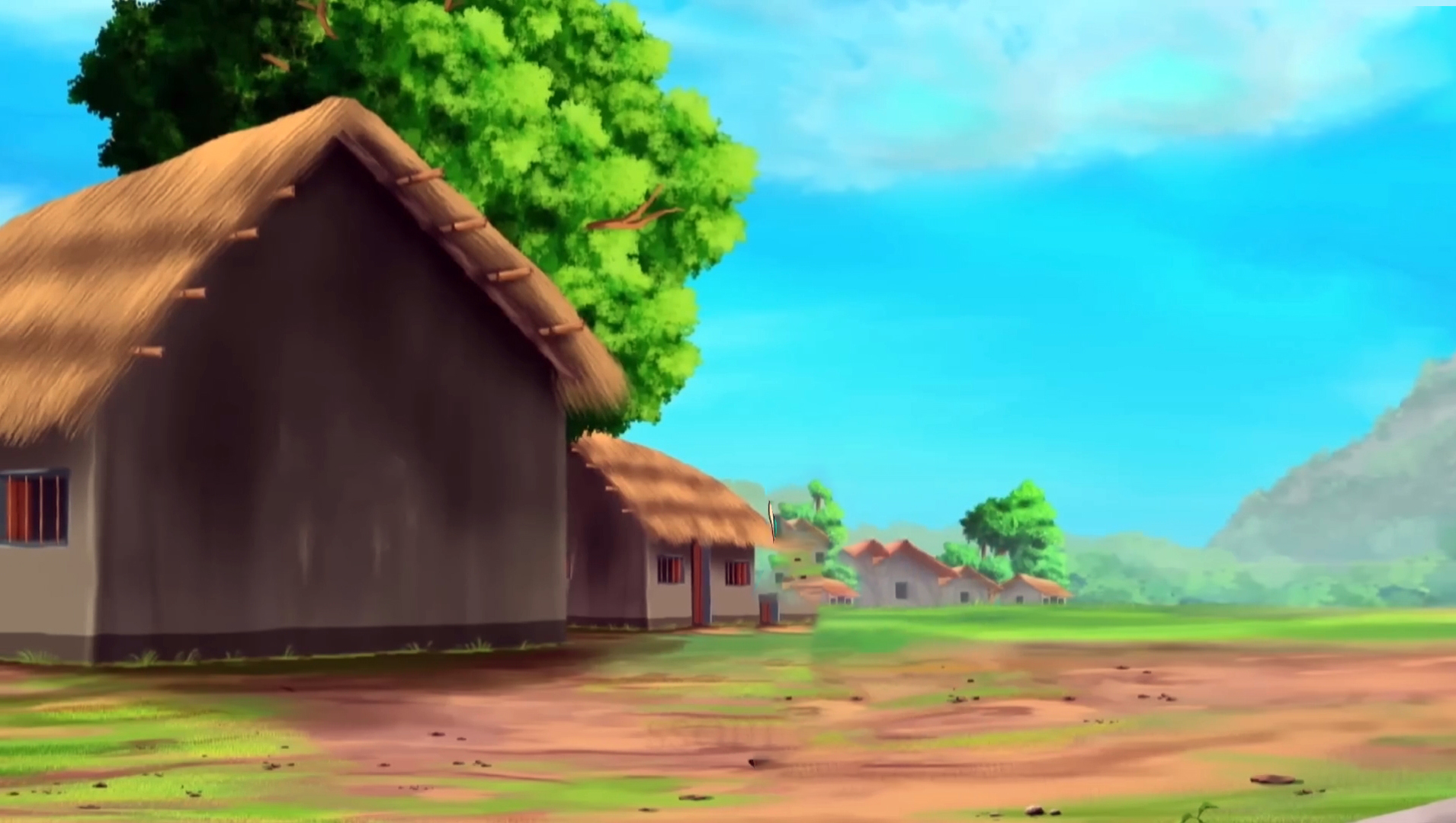 Peaceful Rural Village with Mud Houses 2D Cartoon Background