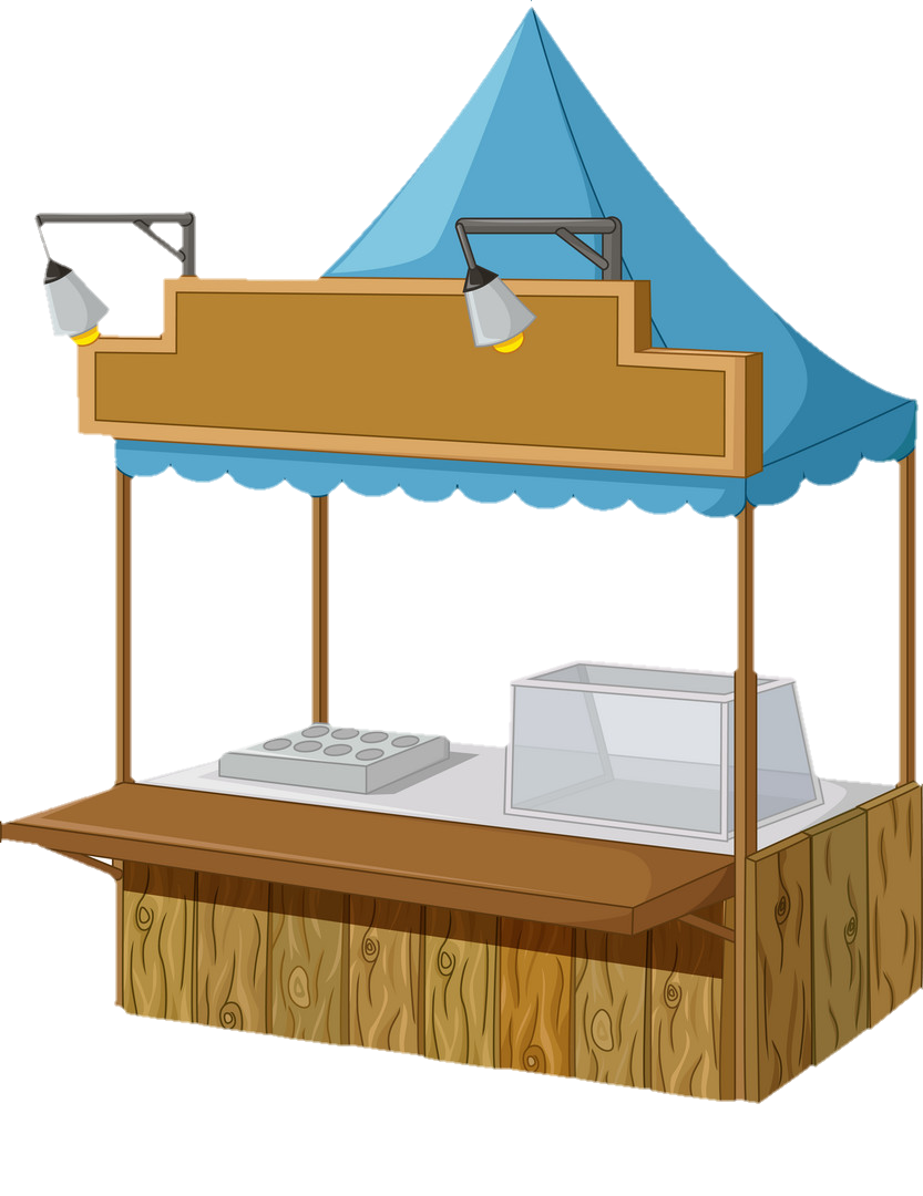 Wooden Street Food Stall with Blue Canopy 2D Cartoon Prop