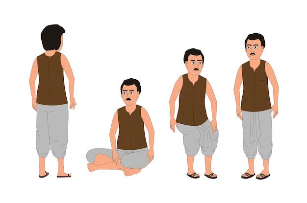 Indian Village Man Multiple Poses 2D Cartoon Character Sheet