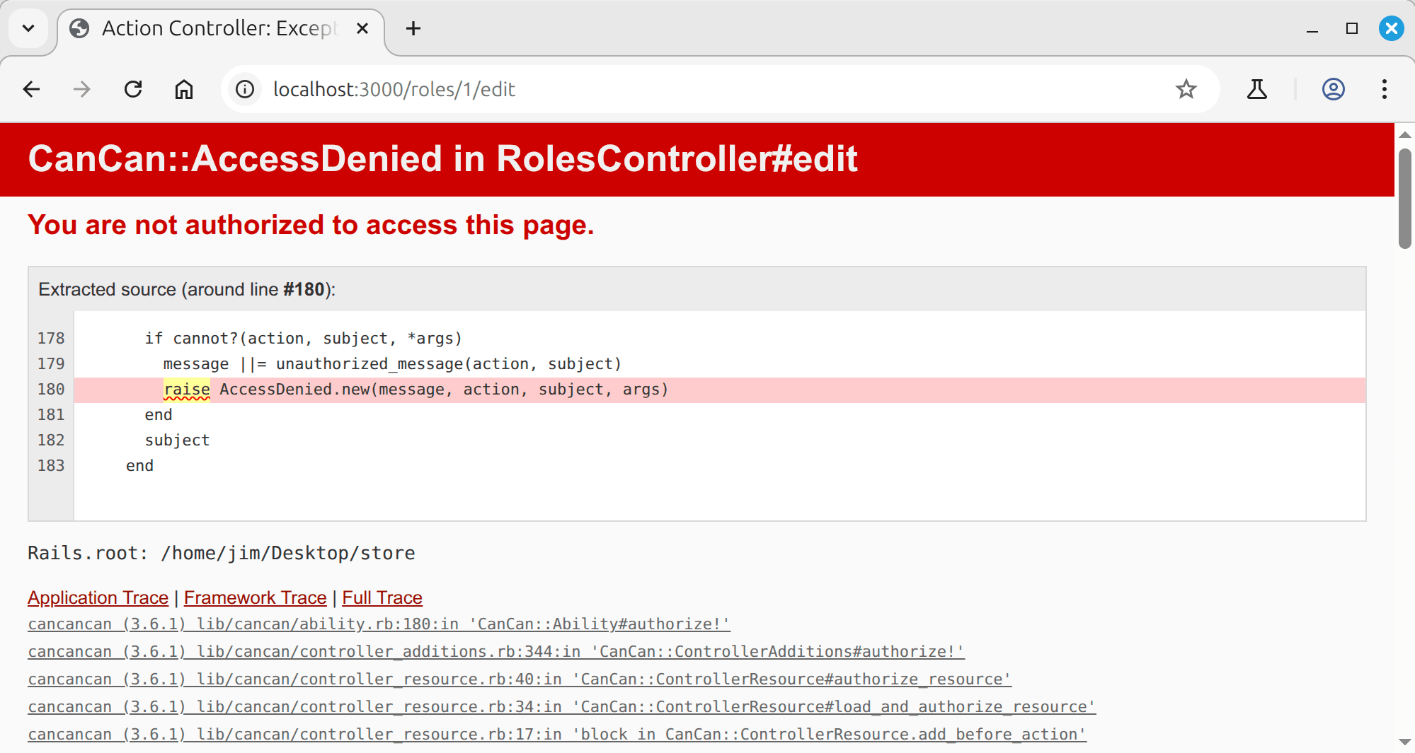 CanCanCan access denied error displayed when unauthorized action is attempted