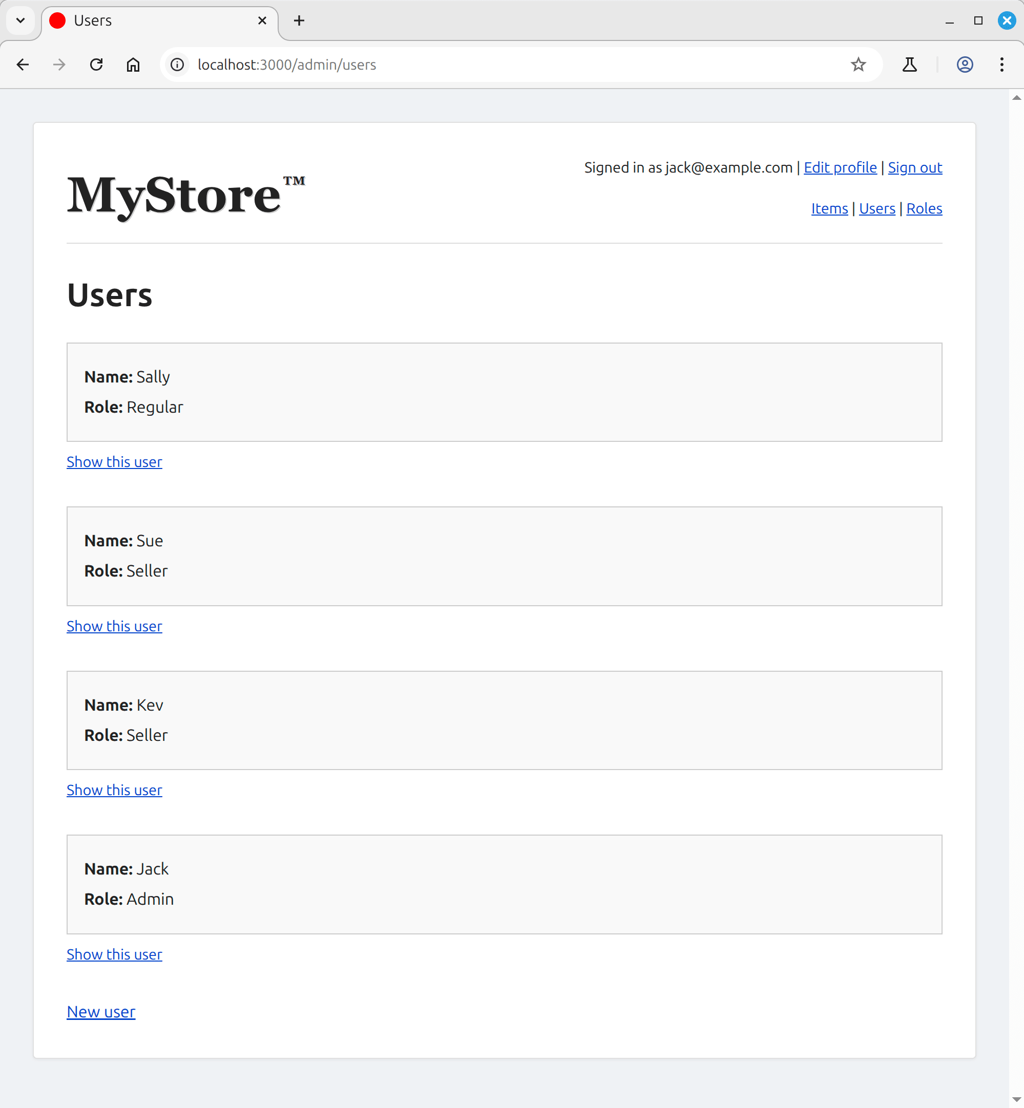 Admin index page showing all users with their assigned roles