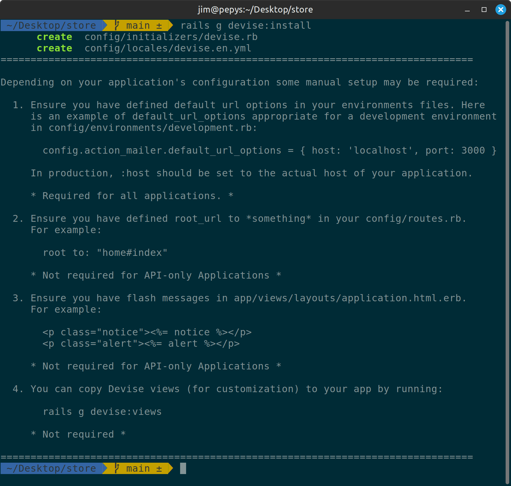 Terminal output after running devise:install showing setup instructions