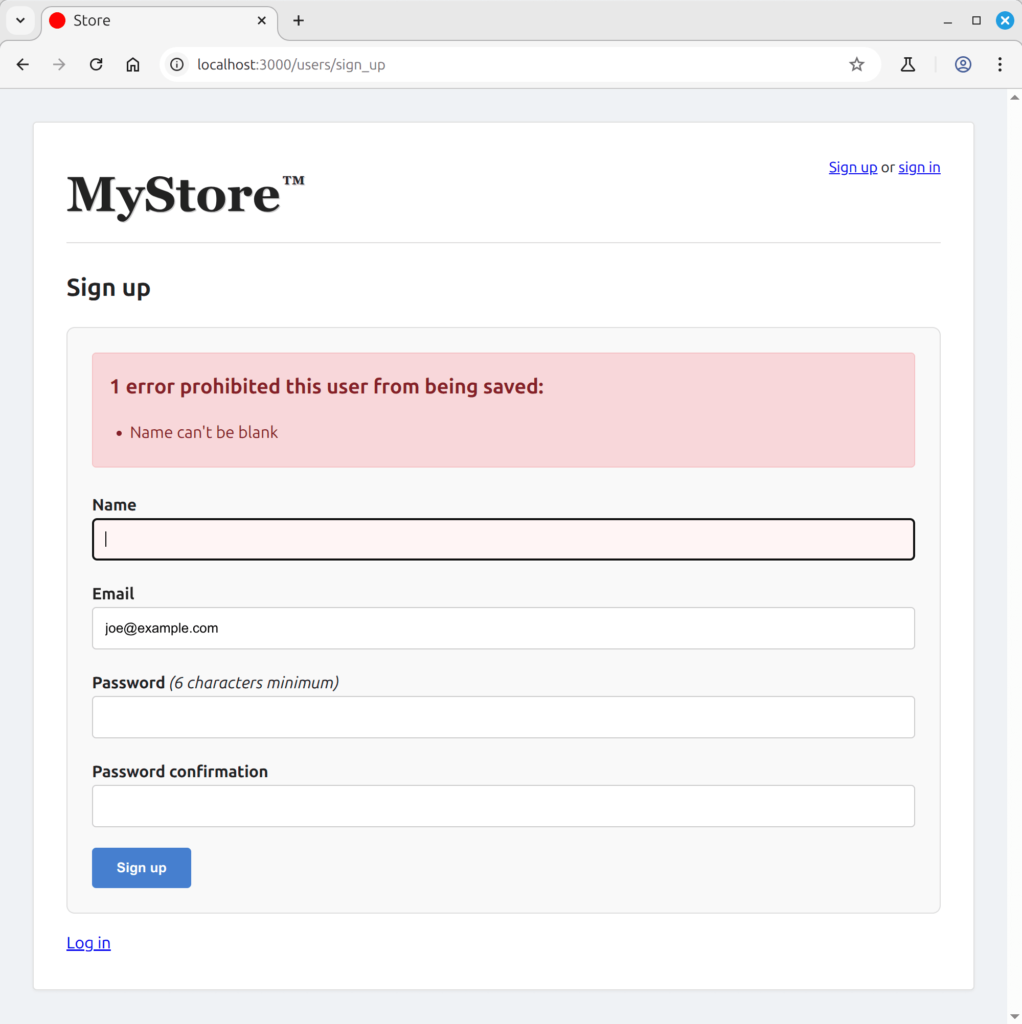 Devise sign-up form showing a validation error for missing name