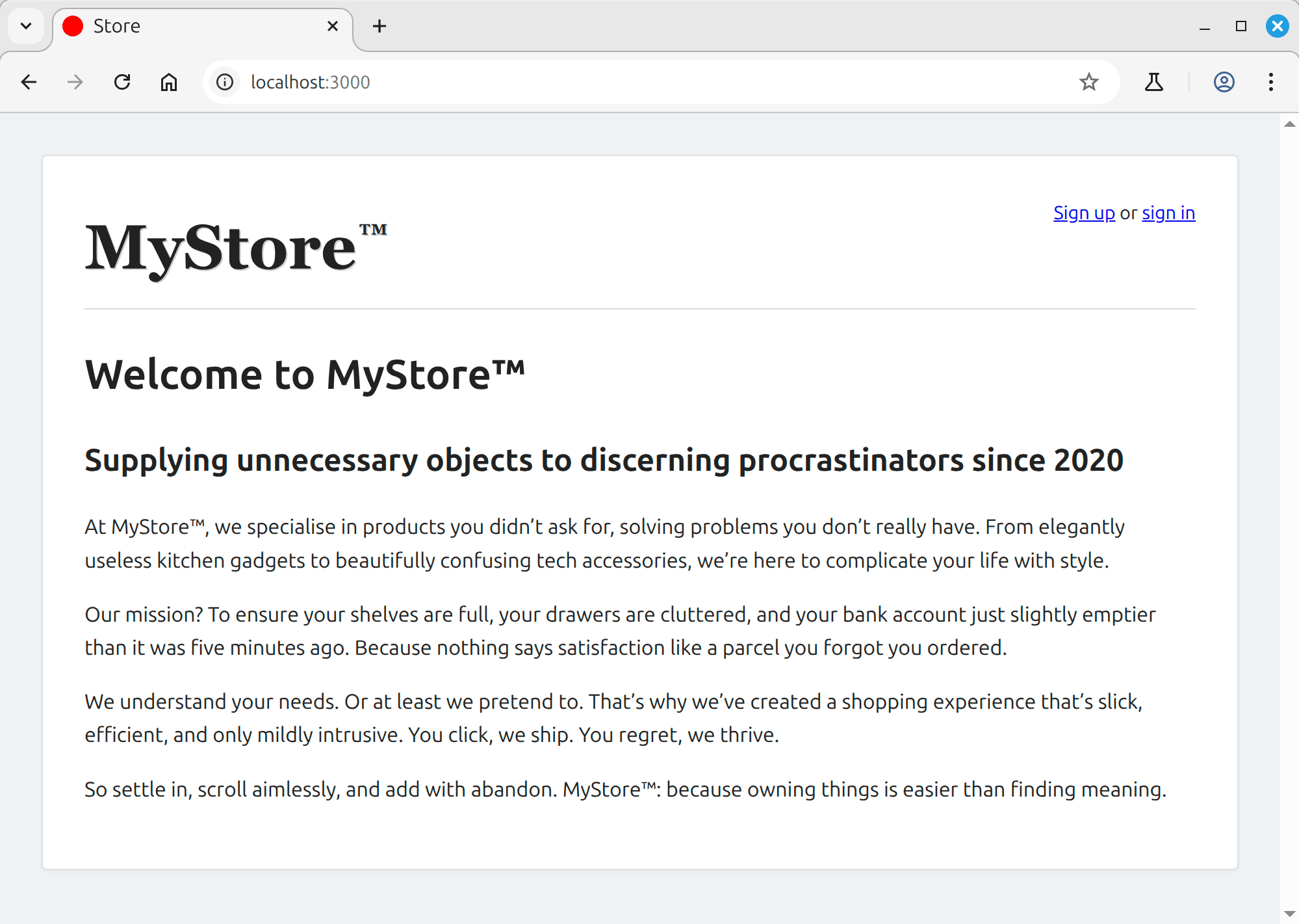 Screenshot of the landing page of the MyStore app showing a welcome message