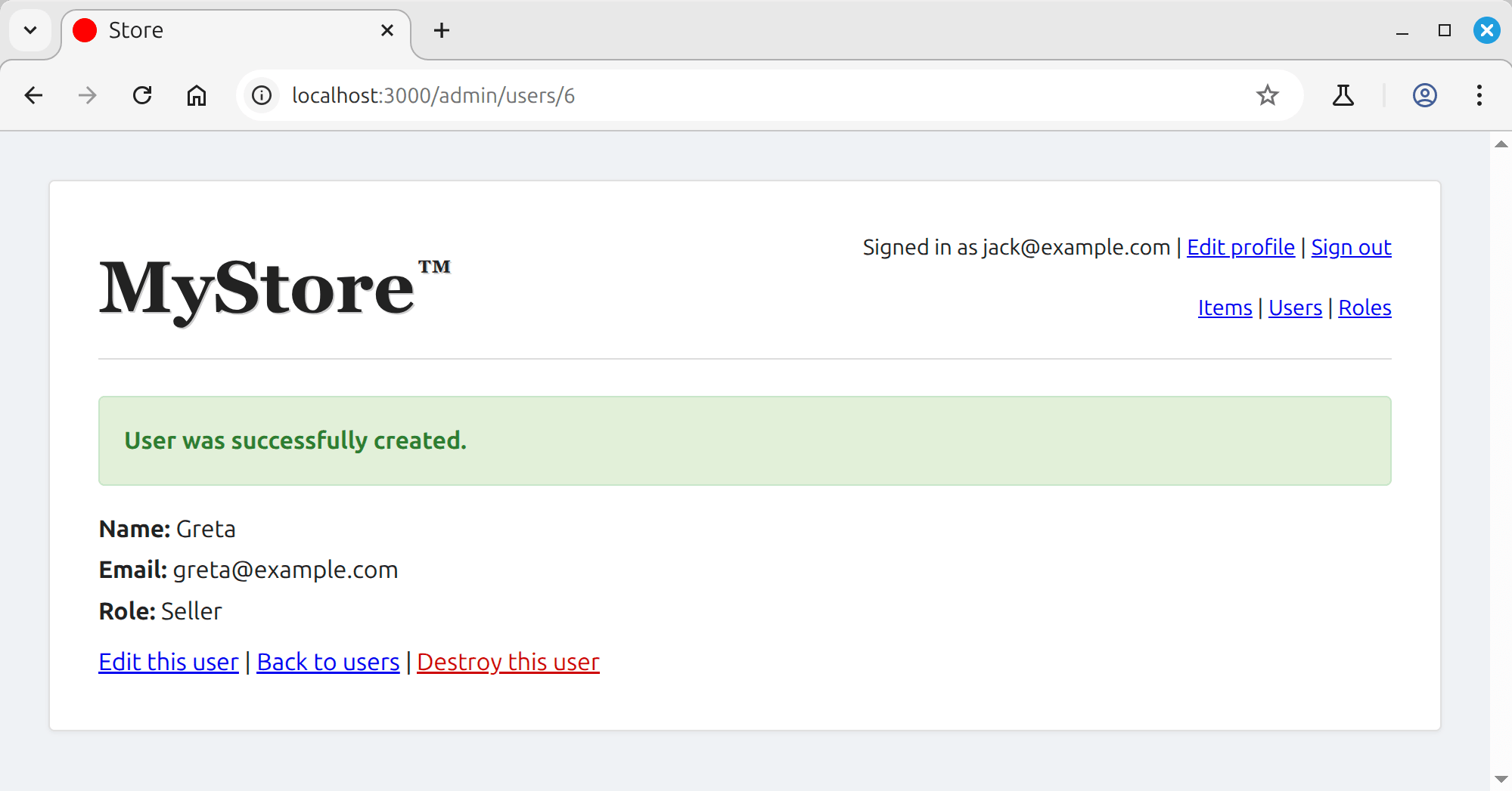 User show page showing successful creation of a new user with details