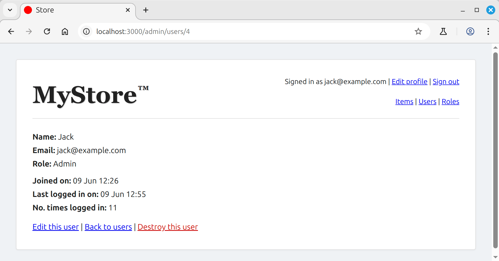 User profile displaying trackable Devise data like login count and timestamps