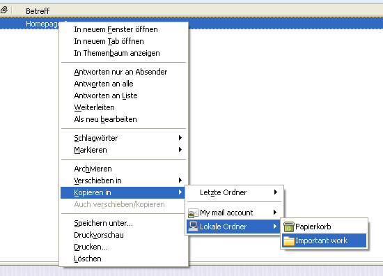 Dialogue for copying mails from an IMAP server to the Local Folders