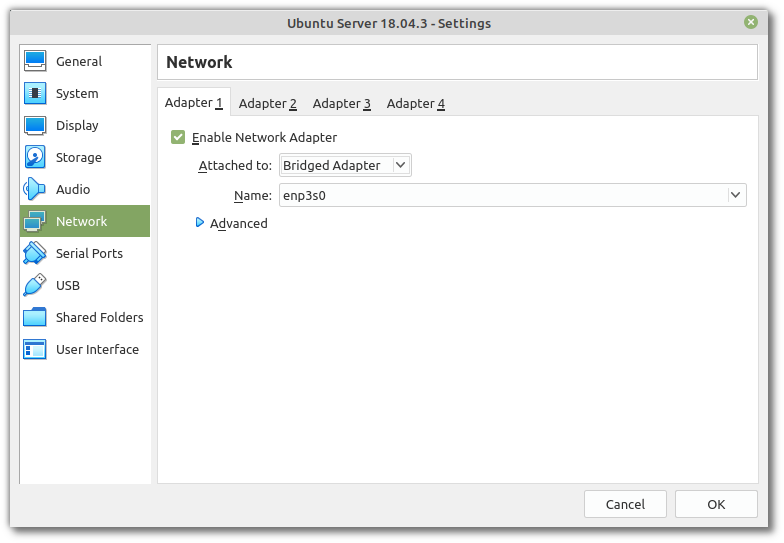 VirtualBox Manager - Network Adapter 1
