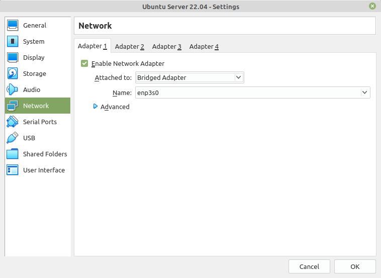 VirtualBox Manager - Network Adapter 1