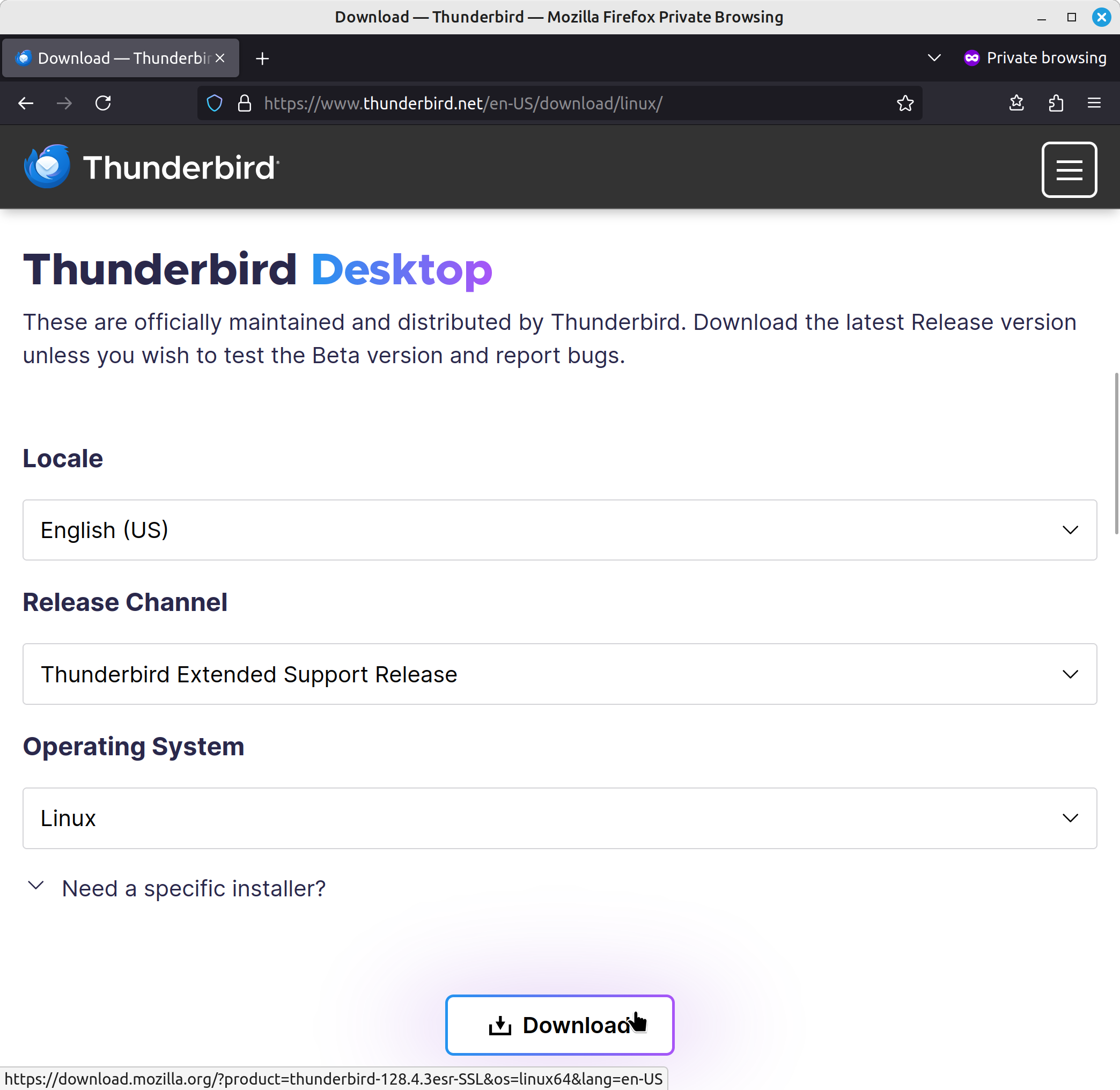 Screenshot of the Thunderbird Desktop download page showing options to select Locale, Release Channel (Thunderbird Extended Support Release), and Operating System, with a highlighted Download button.
