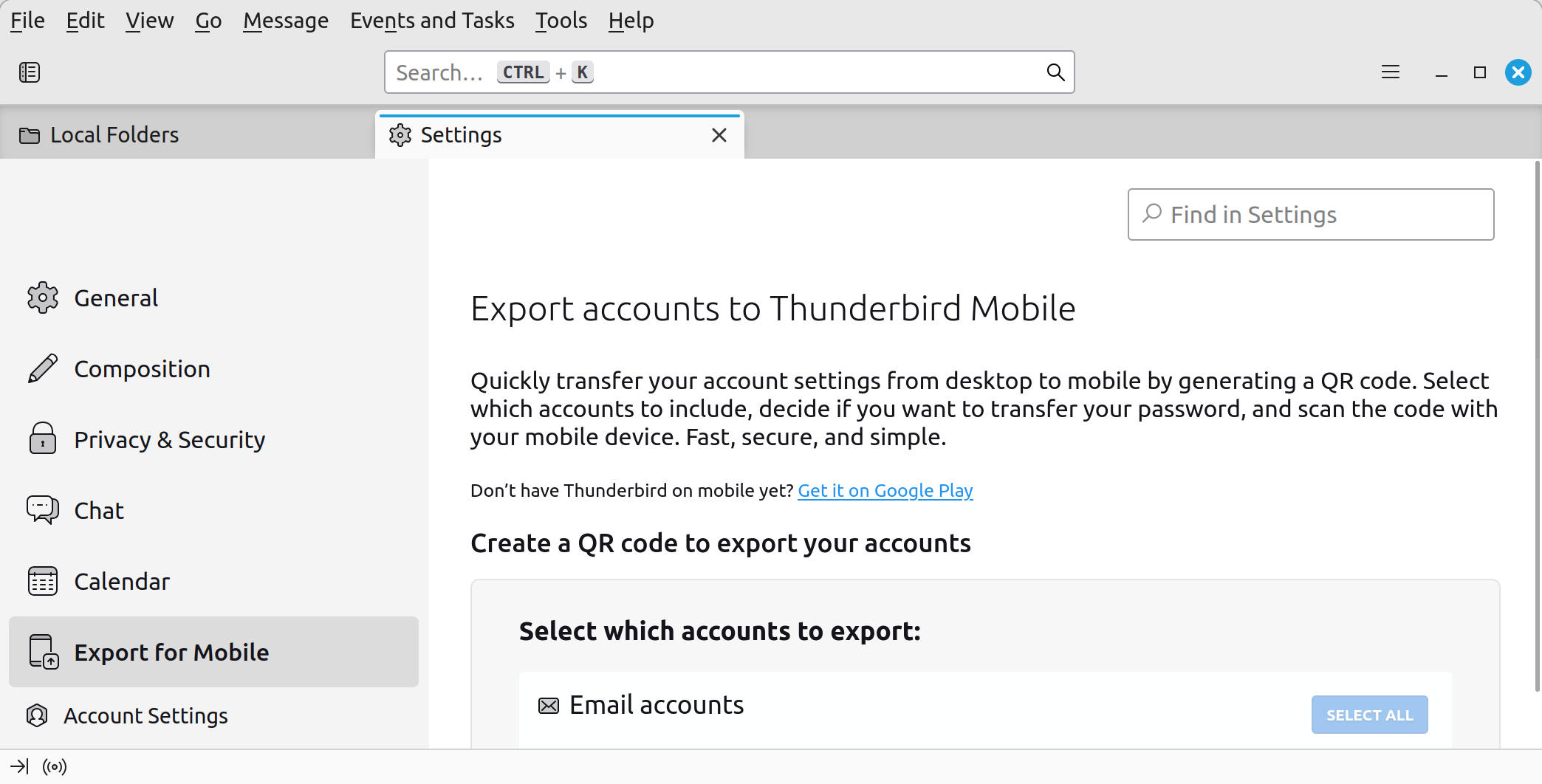 Screenshot of Thunderbird's 'Export for Mobile' settings page, showing options to export accounts to Thunderbird Mobile using a QR code, with selectable account options.