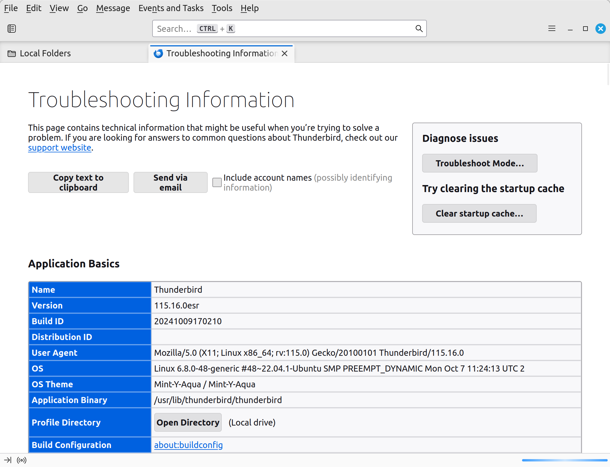 Screenshot of Thunderbird's Troubleshooting Information page, showing application details such as version 115.16.0esr, build ID, operating system, and the profile directory with an 'Open Directory' button.