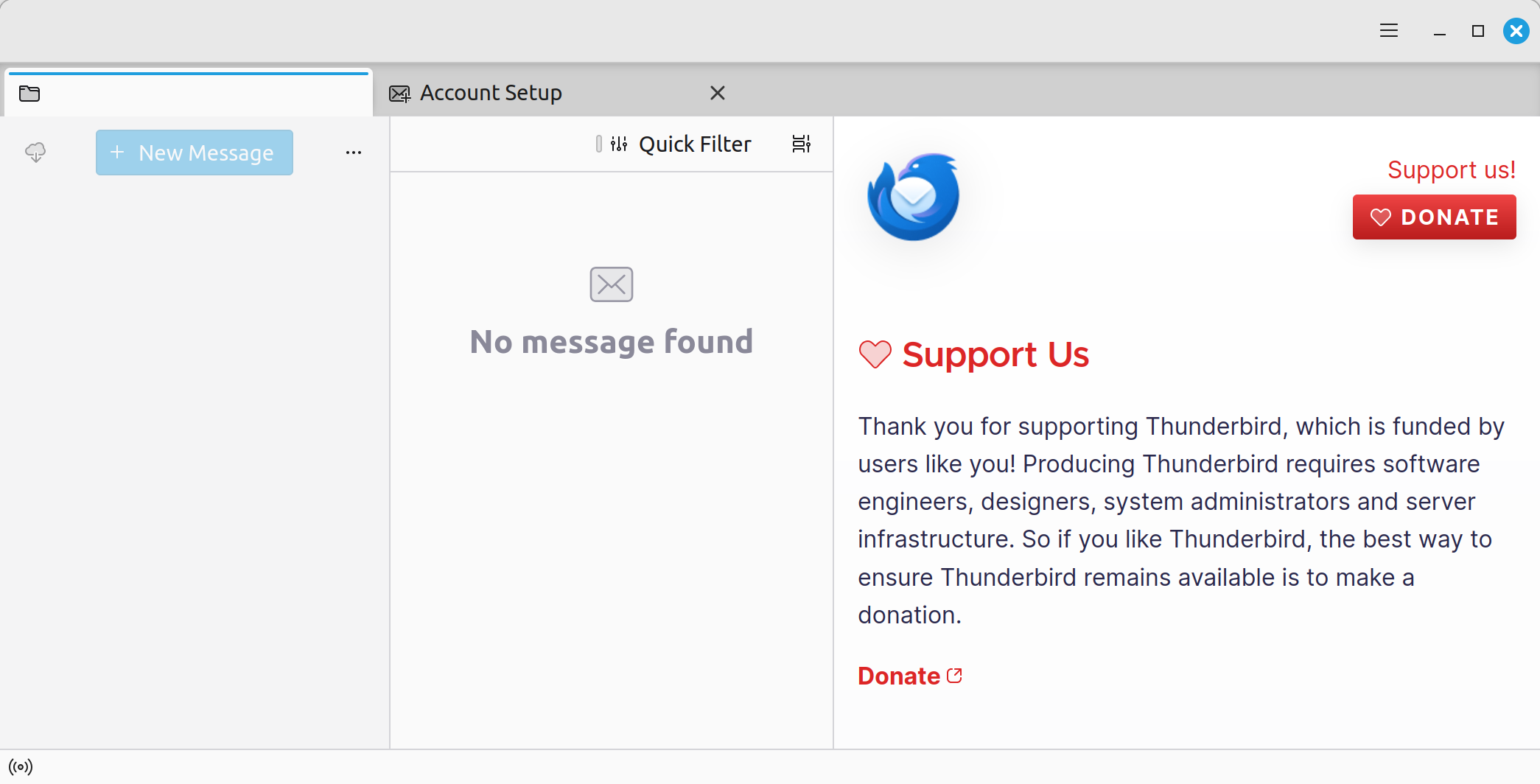 Screenshot of Thunderbird's account setup screen showing no messages found, a 'Support Us' section encouraging donations, and the 'Donate' button on the right.