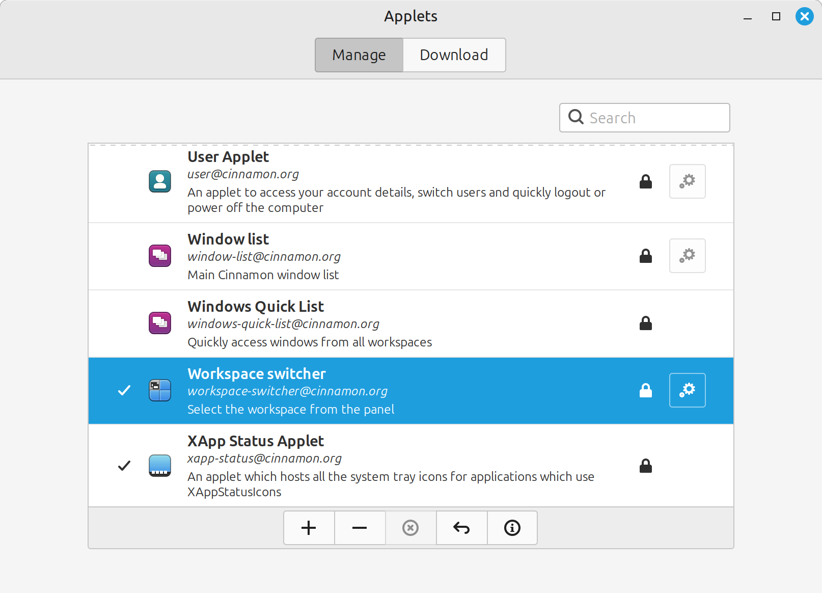 Screenshot of the Cinnamon Applets Manager showing various applets, including 'User Applet', 'Window List', 'Windows Quick List', 'Workspace Switcher', and 'XApp Status Applet'. The 'Workspace Switcher' applet is highlighted and selected for configuration.