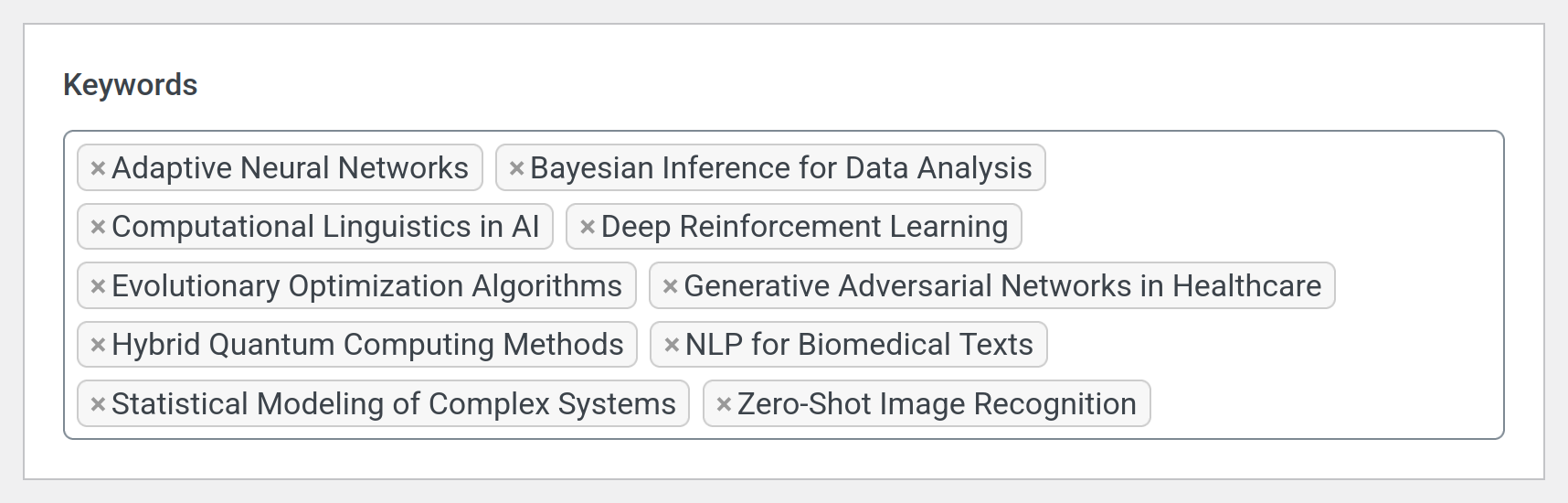 Screenshot of an ACF taxonomy field labeled 'Keywords' in the WordPress post editor. The field contains multiple selected terms displayed as gray pill-shaped tags, now sorted alphabetically: Adaptive Neural Networks, Bayesian Inference for Data Analysis, Computational Linguistics in AI, Deep Reinforcement Learning, Evolutionary Optimization Algorithms, Generative Adversarial Networks in Healthcare, Hybrid Quantum Computing Methods, NLP for Biomedical Texts, Statistical Modeling of Complex Systems, Zero-Shot Image Recognition.