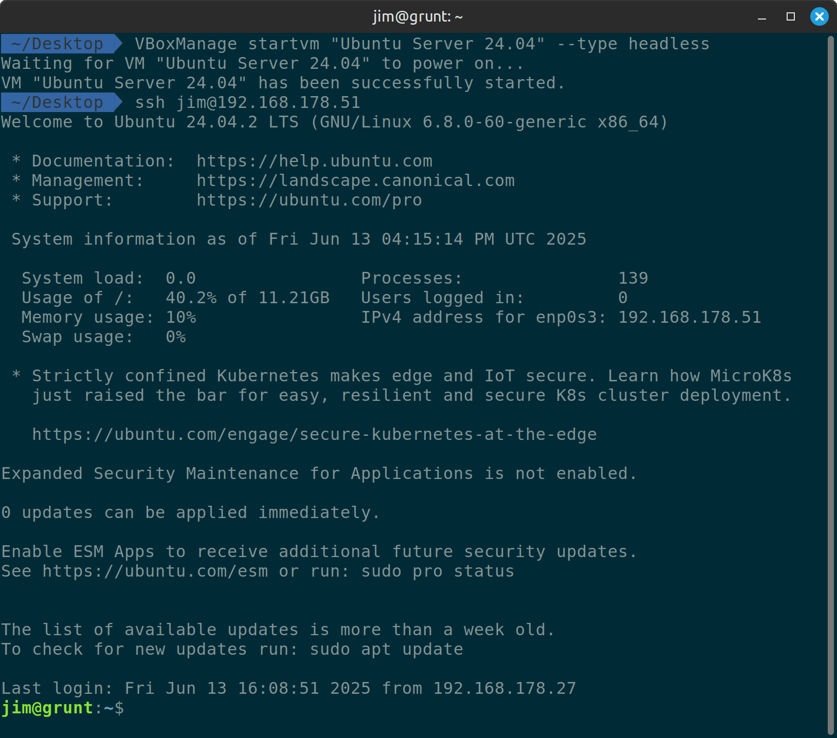 Screenshot showing a terminal session where the user starts an Ubuntu Server 24.04 virtual machine and successfully SSHs into it. The system information confirms it's running Ubuntu 24.04.2 LTS.