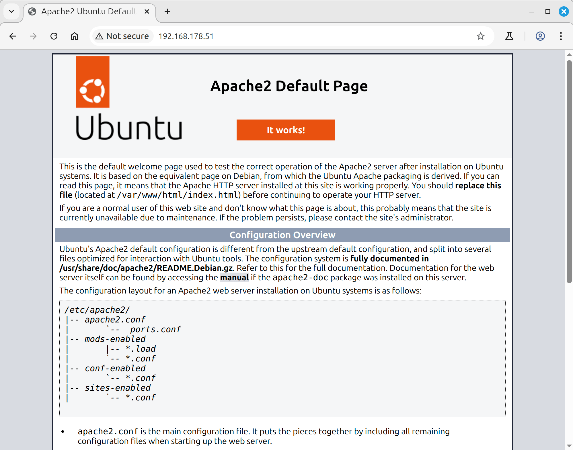Screenshot of the Apache2 default welcome page confirming that the Apache web server is installed and running on the local server (192.168.178.51)