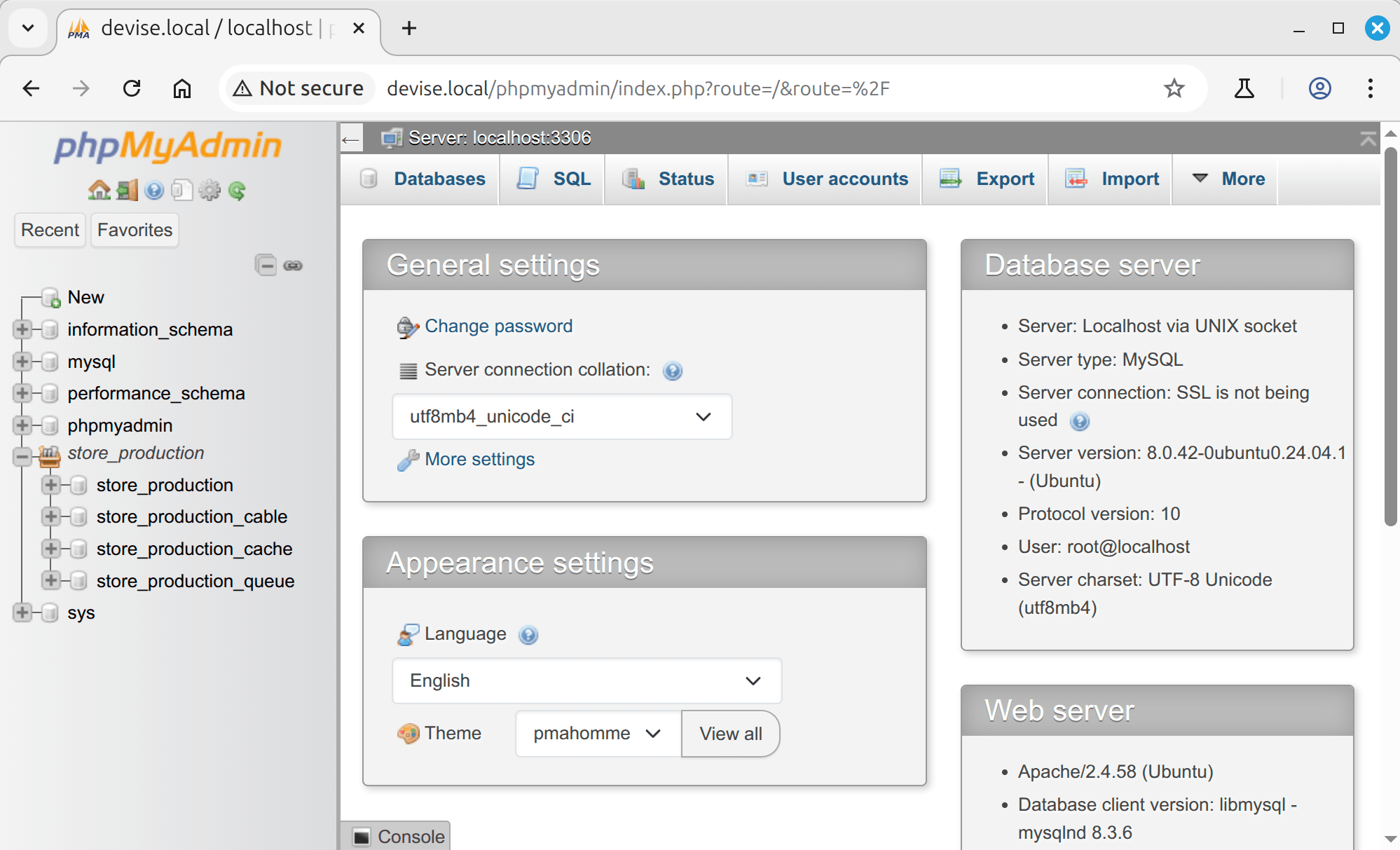 Screenshot of the phpMyAdmin interface showing multiple Rails 8 logical databases (store_production, store_production_cache, etc.) connected as root@localhost, confirming successful MySQL setup