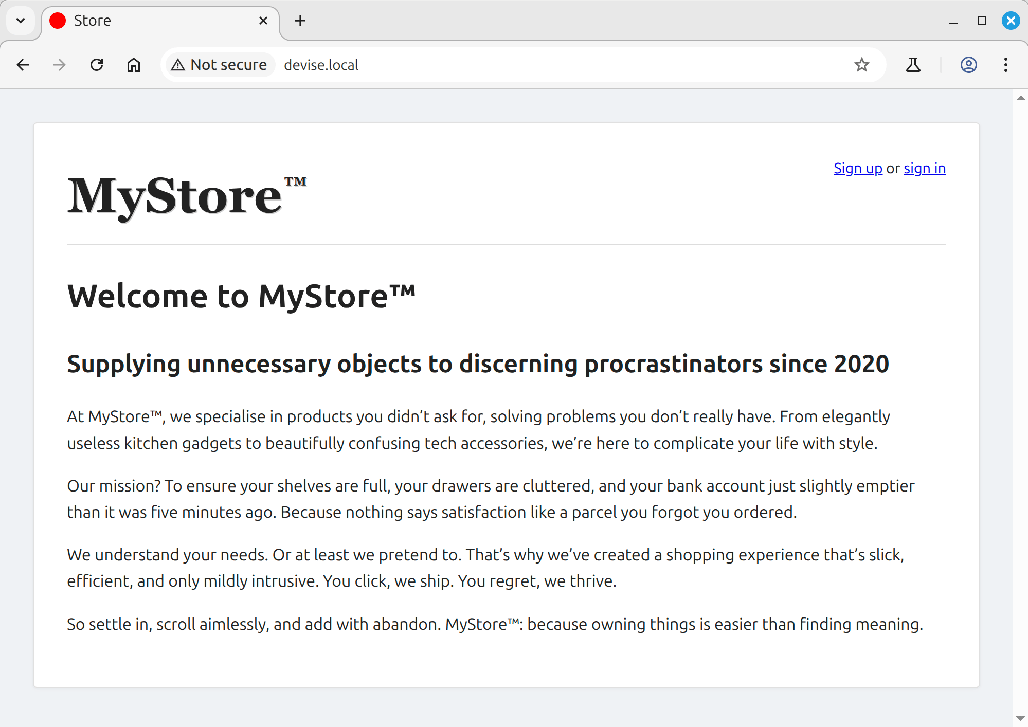 A browser window displaying the deployed Rails app's landing page at devise.local, confirming successful deployment.