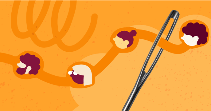 Threading a needle through connected people icons.