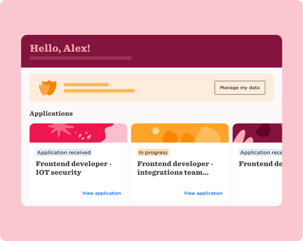 Job application dashboard showing statuses like application received and in progress for different developer roles.