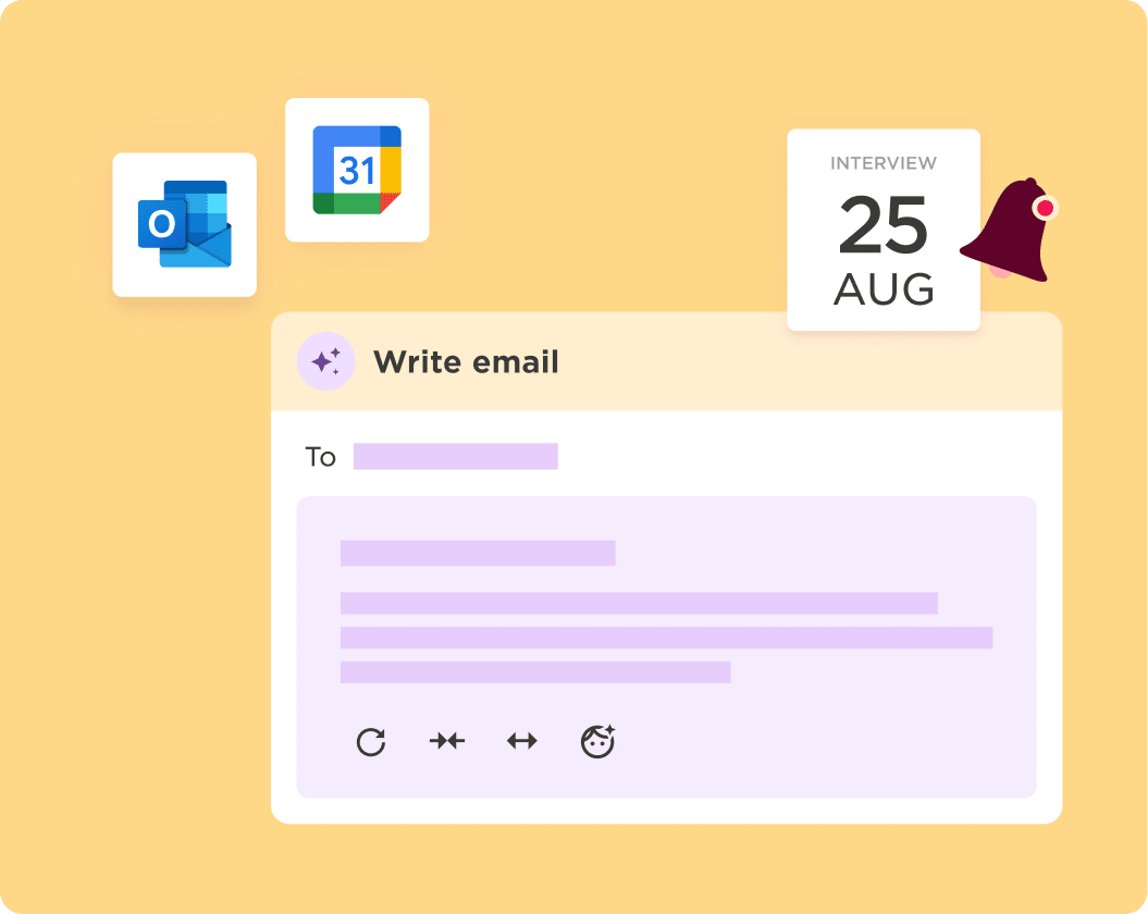 Email draft interface with Outlook and Google Calendar icons and an interview reminder for August 25.