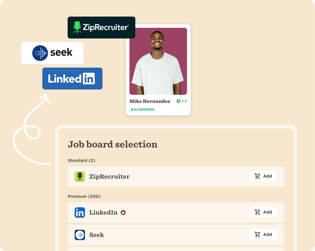 Job board selection interface showing options for ZipRecruiter, LinkedIn, and Seek.
