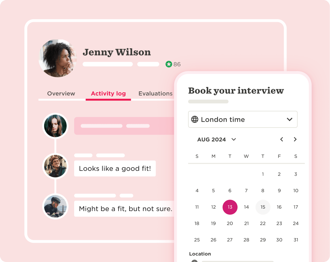 Candidate profile with activity log comments and an interview scheduling calendar.