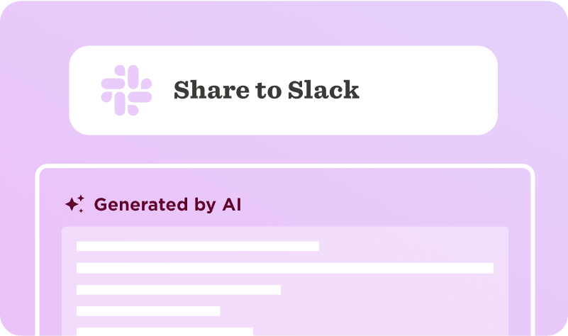 Share to Slack feature with AI-generated content preview on a vibrant purple background. Collaborative communication tool. Share to Slack, AI Generated Content
