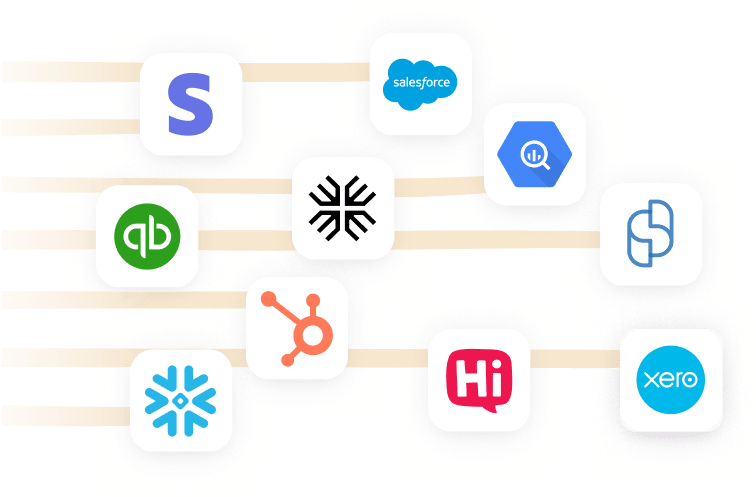 Logos of software tools like Stripe, QuickBooks, Salesforce, HubSpot, and Snowflake connected by lines, representing business integrations.