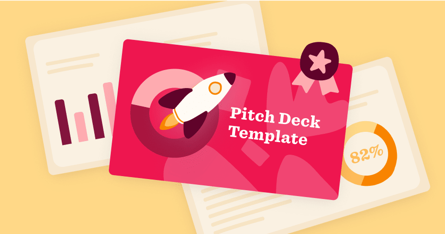 Illustration of a “Pitch Deck Template” card with charts and a rocket icon, representing business presentation and growth planning.