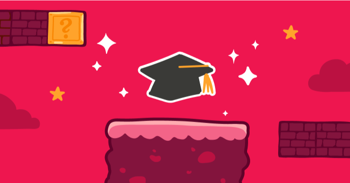 Graduation cap floating in a video game-style scene.