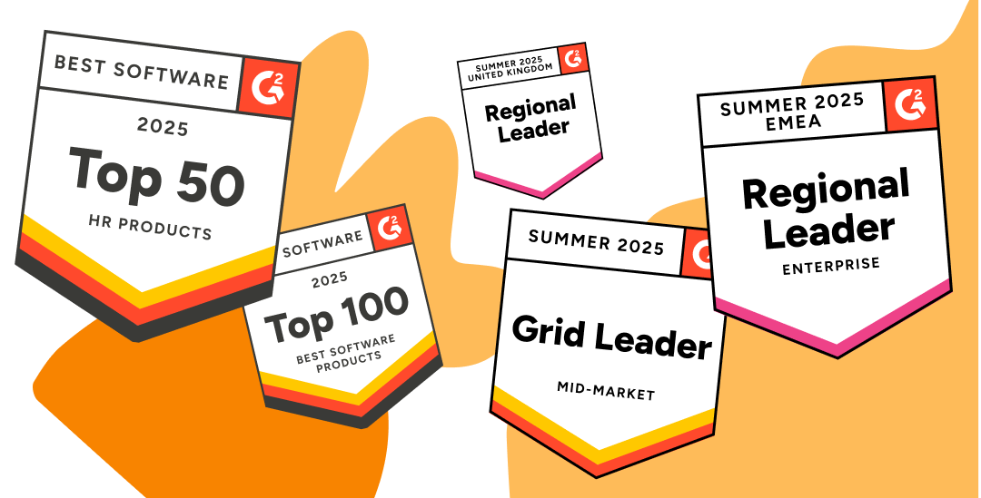 Collection of G2 award badges for 2025 including Top 50 HR Products, Top 100 Software Products, Grid Leader, and Regional Leader.