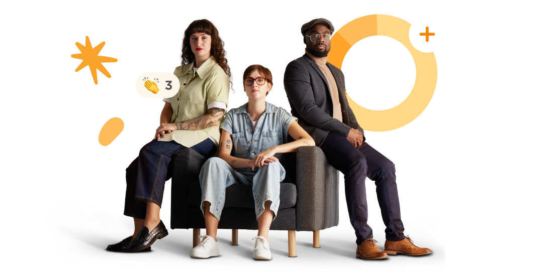 Three people sitting and standing by a chair with graphic showing 38 open positions.