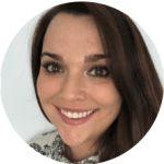 smiling woman with long brown hair and natural makeup in a circular portrait, friendly expression against a neutral background