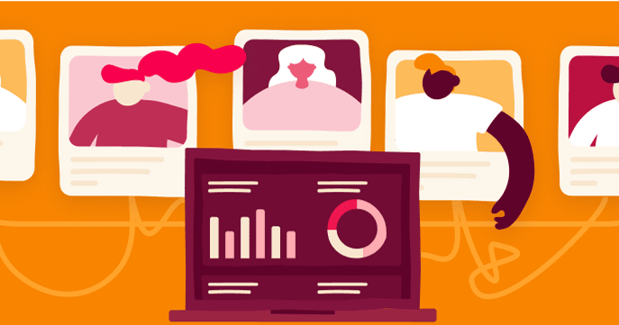 Computer screen with graphs in front of profile cards.