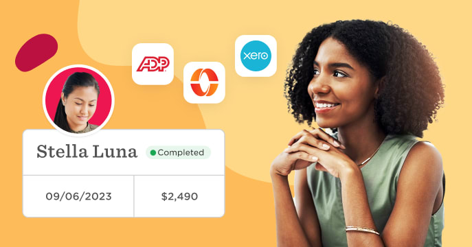 Smiling woman beside payroll integration icons (ADP, Xero) with a profile card showing Stella Luna’s completed $2,490 payment on 09/06/2023.