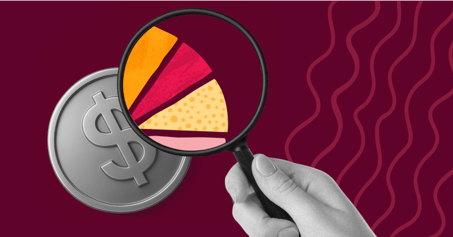 Hand holding a magnifying glass over a pie chart and dollar coin, representing financial review and revenue insights.