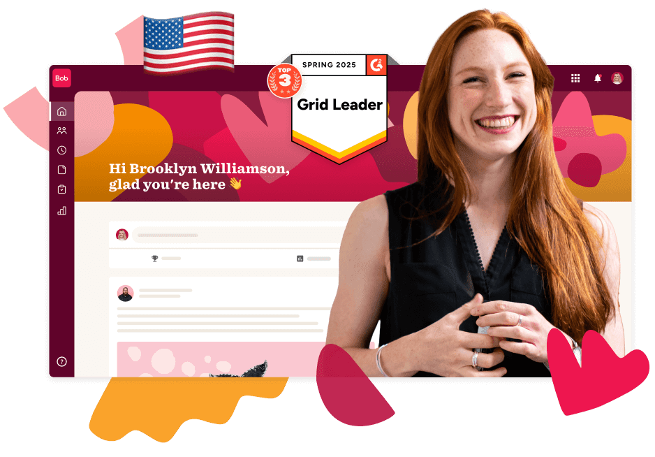 smiling woman in front of a colorful digital interface showcasing messages and recognition, colorful interface with "Grid Leader" badge
