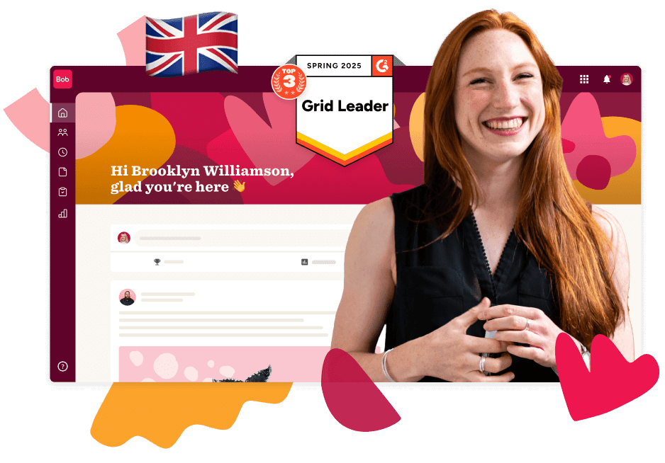 Grid Leader profile interface showcasing a smiling woman with red hair, decorated with colorful abstract shapes and a UK flag. , GridLeader, ProfileInterface