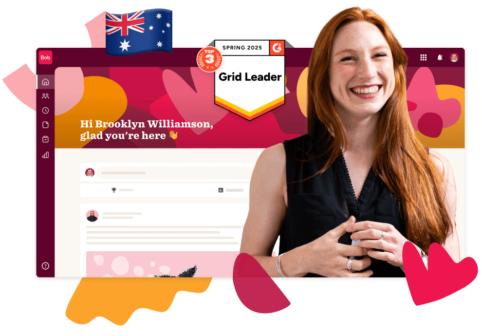 smiling woman with long red hair in user interface with greeting message and Australian flag, digital platform showcasing user accolades