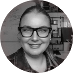 smiling woman with glasses, circular crop, minimalist office background, casual portrait, modern workspace aesthetic