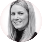 portrait of a blonde woman with a friendly smile in a circular frame, professional headshot for business or personal branding