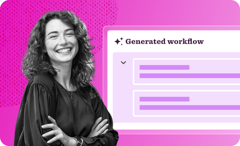 smiling woman in black shirt next to digital workflow interface on pink background, generated workflow interface and smiling woman