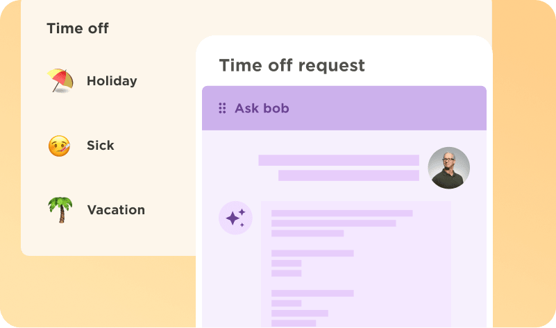 time off request interface with options for holiday, sick, and vacation, user asks bob for time off assistance