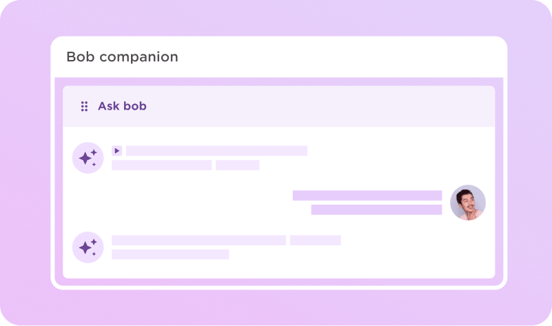 Bob companion interface with chat feature and user profile image set against a soft purple background., Chat interface, User profile display