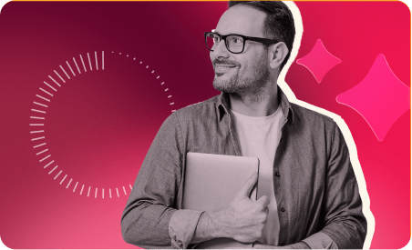 man holding laptop with glasses, pink gradient background with geometric shapes