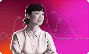 woman in business attire, data visualization background