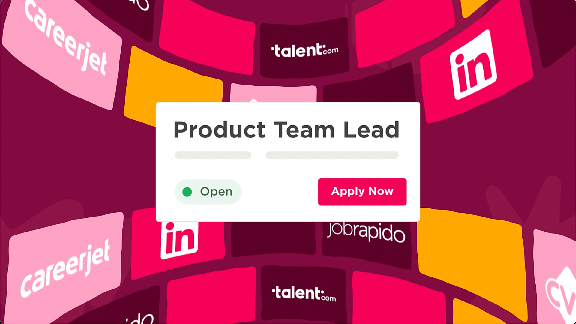 Product Team Lead job listing with 'Open' status, featuring various job platforms in vibrant colors. Apply now button visible. job listing, job platforms