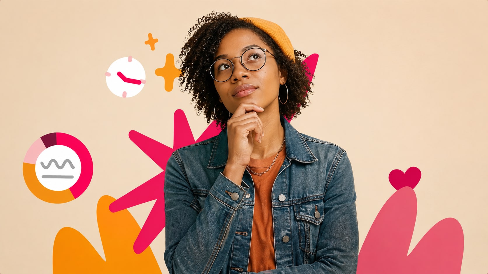 thinking woman in denim jacket and yellow beanie, colorful abstract shapes in background, contemplative expression, creative vibe
